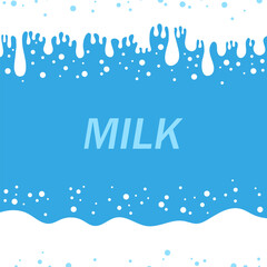 Pouring Milk Splash on Blue Background. White Creamy Liquid Drops. Fresh Farm Milky Flow Drink. Minimalist Poster