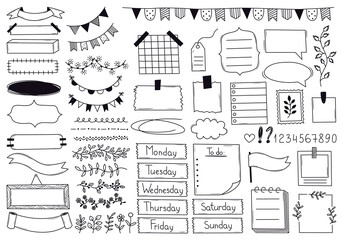 Hand drawn bullet journal elements for notebook, diary, sketchbook. Set of doodle notes, stickers, bunting flags, borders, frames, heading templates. Outline sketch vector illustration - obrazy, fototapety, plakaty