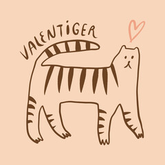 Cute Valentine tiger wild animal childish cartoon groovy boho illustration naive funky handdrawn style art vector