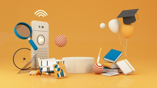 E-learning concept with smart phone wi-fi symbol surrounded by Graduate cap, books, balloon, Ruler, statistical graph, pencil and magnifying glass on blue and yellow color 3d render animation loop