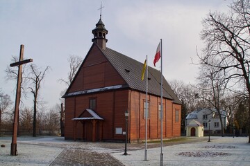 Historic wooden Roman Catholic Church of the Nativity of the Blessed Virgin Mary from 1775 in Dobrzyków near Płock, Poland.