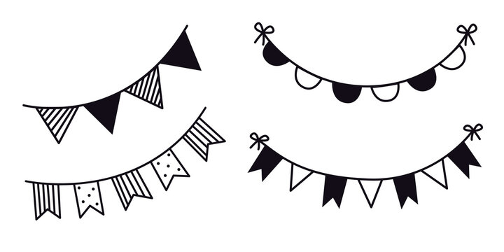 Hand drawn birthday or holiday flags for decoration. Black line doodle paper party garland. Vector illustration of carnival or festival bunting. Bullet journal divider elements for diary or notebook