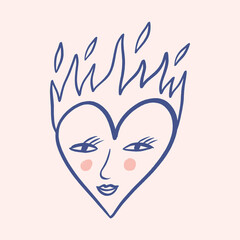 Love heart childish cartoon groovy doodle boho illustration naive funky handdrawn style art vector