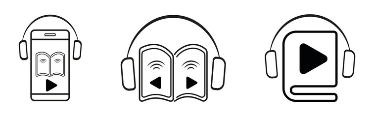 Audiobook icon sets on white background, pictogram.