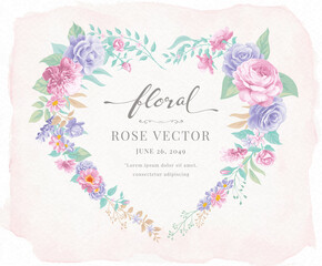 Beautiful Rose Flower and botanical leaf heart shape watercolor digital painted illustration for love wedding valentines day or arrangement invitation design greeting card