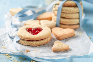 Romantic valentine cookies made of jam and milk.