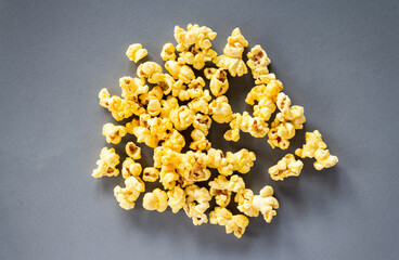 Popcorn on grey background with copy space