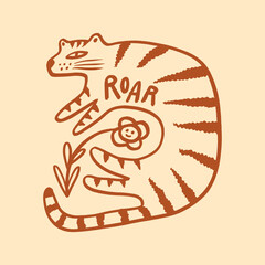 Cute tiger wild animal childish cartoon groovy boho illustration naive funky handdrawn style art vector