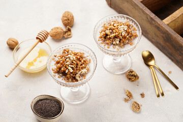 Traditional east european (ukrainian, polish, belarusian) religious christmas dish kutia made of wheat, poppy seeds, honey, walnuts and dried berries. modern style in champagne glasses