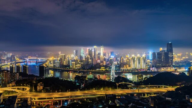 4k time lapse. panoramic city skyline and modern commercial buildings in Chongqing at night, China. 