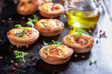 Homemade mini tart with cheese and tomatoes. Vegetarian party food.