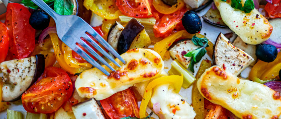 Grilled Halloumi Cheese with Baked Vegetables, Sheet Pan  Vegetables  - obrazy, fototapety, plakaty