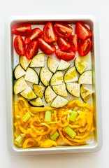 Oven Baking Vegetables, Peppers, Zucchini, Tomatoes on a Baking Tray, Sheet Pan Vegetables...