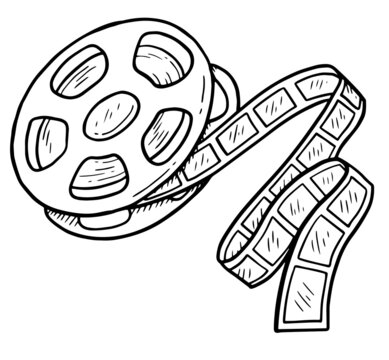 Cinema tape sketch. Black hand-drawn object on a white background. Vector illustration. Scribble. Film reel. doodle