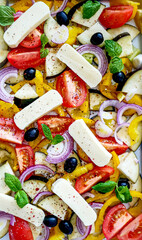 Fototapeta na wymiar Halloumi Cheese for Baking with Vegetables on a Baking Sheet, Sheet Pan Cheese Vegetables Background
