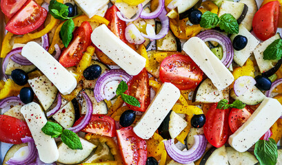 Halloumi Cheese for Baking with Vegetables on a Baking Sheet, Sheet Pan Cheese Vegetables Background