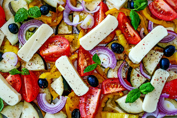 Halloumi Cheese for Baking with Vegetables on a Baking Sheet, Sheet Pan Cheese Vegetables Background - obrazy, fototapety, plakaty