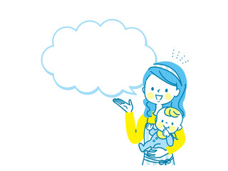 赤ちゃんを抱っこして説明する若いママ