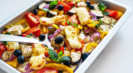 Grilled Halloumi Cheese with Baked Vegetables, Sheet Pan Cheese Vegetables 
