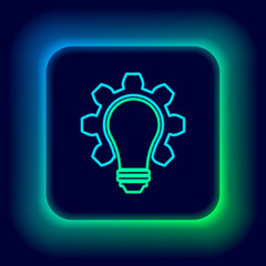 Glowing neon line Light bulb and gear icon isolated on black background. Innovation concept. Business idea. Colorful outline concept. Vector