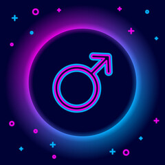 Glowing neon line Male gender symbol icon isolated on black background. Colorful outline concept. Vector