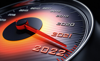 New Year counter 2022. Speedometer concept. Isolated on black.