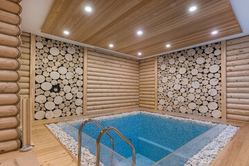 A small private pool with glass sides. Beautiful wall decor with wooden elements.