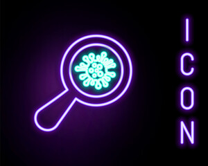 Glowing neon line Microorganisms under magnifier icon isolated on black background. Bacteria and germs, cell cancer, microbe, virus, fungi. Colorful outline concept. Vector