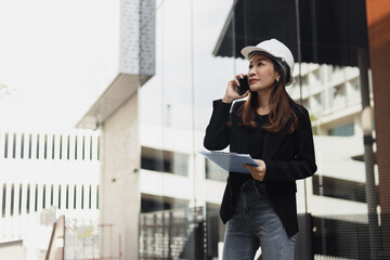 Engineer developer woman wear black suit and white safety hardhat thoughtful gesture calling with mobile phone holding paperwork working in construction site.  - Powered by Adobe