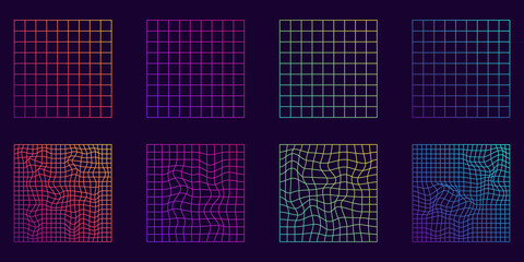 Distorted Grid Square Neon Pattern. Warp Futuristic Geometric Square Glitch. Abstract Modern Design. Wave Ripple Perspective Square. Isolated Vector Illustration - obrazy, fototapety, plakaty