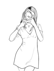 A girl with brown hair and in a dress takes a selfie through a mirror. A teenage girl with a mobile phone in her hands. Illustration