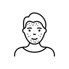 Boy with Blackhead, Acne, Rash on Face Line Icon. Man with Pimples Linear Pictogram. Allergy, Inflammation Skin, Dermatologic Problem Outline Icon. Editable Stroke. Isolated Vector Illustration