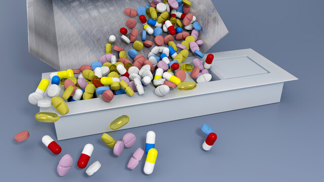 Eine Flut von vielen Medikamenten mit Tabletten, Pillen und Kapseln in einem Dosierer