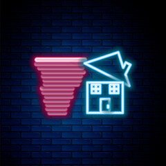Glowing neon line Tornado swirl damages house roof icon isolated on brick wall background. Cyclone, whirlwind, storm funnel, hurricane wind icon. Colorful outline concept. Vector
