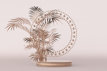 3D golden podium pedestal with abstract palm trees leaves. Geometric studio with podium steps for brand promotion product. Creative background for advertising presentation.