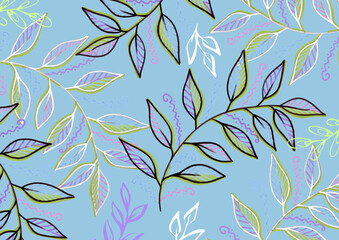Blue Background. Colorful branches with leaves. Spring Provence Backdrop. Black, violet, white, pink and green leaf. Wedding colors