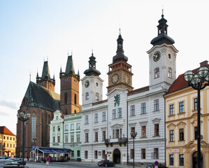 Cathedral of Holy Spirit, old town hall and White tower at Large square (Velke namesti) in Hradec Kralove. Czech Republic