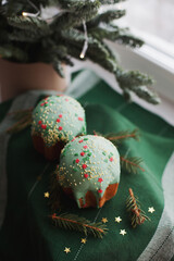 panettone christmas cake desserts with icing  close up from above