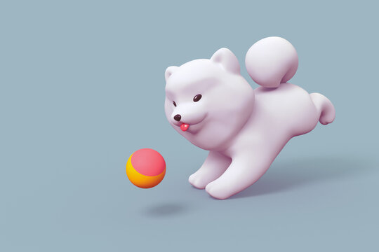 Cute fluffy white kawaii puppy with tongue sticking out of his mouth and big smile on his face runs catching yellow-red ball. 3d render of a funny cartoon dog in minimal art style on blue background.