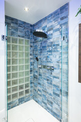 Blue tiled modern shower with a glass block back wall