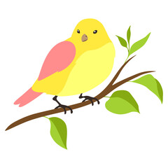 Illustration of stylized bird sitting on branch. Image of birdie in simple style.