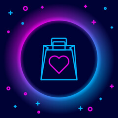 Glowing neon line Shopping bag with heart icon isolated on black background. Shopping bag shop love like heart icon. Valentines day symbol. Colorful outline concept. Vector