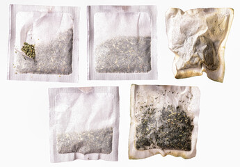 Various types of teabags. Tea making sets.