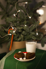 a glass of milk and cookeis for Santa Claus under a christmas tree