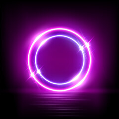 Neon circle frames with glow and shine, bright purple lines of round shape, two rings
