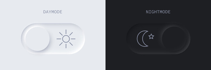 Daymode and nightmode slide neumorphic buttons set, light day and dark night sliders © backup16