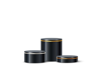 3d podium black platform cylinders with gold, silver and bronze line borders on edge vector illustration. Realistic pedestal stage mockup of round geometric shape, winner stand background.