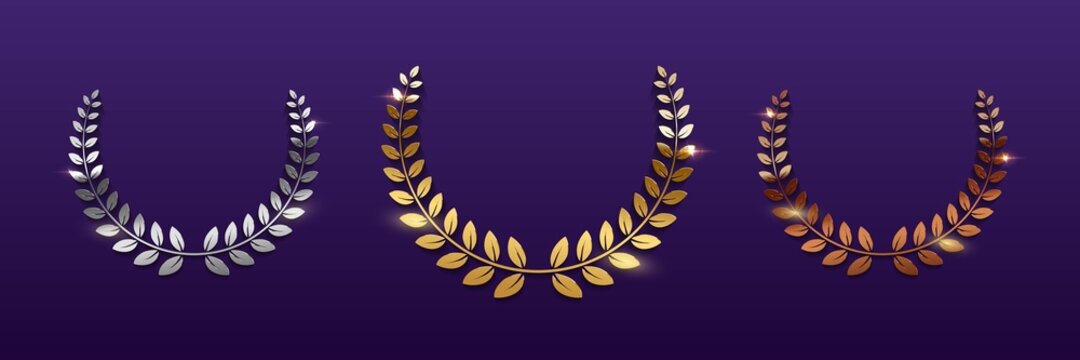 Golden, silver and bronze award signs with laurel wreath isolated on blue background. Vector award design templates.