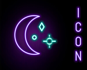 Glowing neon line Moon and stars icon isolated on black background. Cloudy night sign. Sleep dreams symbol. Night or bed time sign. Colorful outline concept. Vector