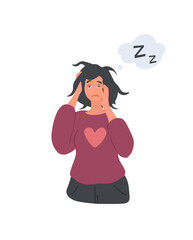 Mental Health Problem concept. Young sleepless woman with bags under her eyes and headache. Insomnia due to psychological disorder or depression. Cartoon contemporary flat vector illustration